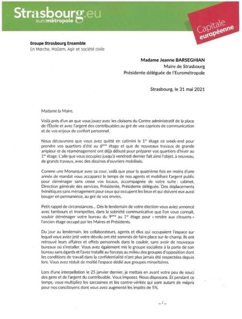 page 1 de la lettre de Pierre Jakubowicz à la maire Jeanne Barseghian