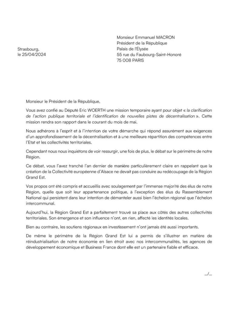 lettre à Macron avec 7 maires alsaciens page 1
