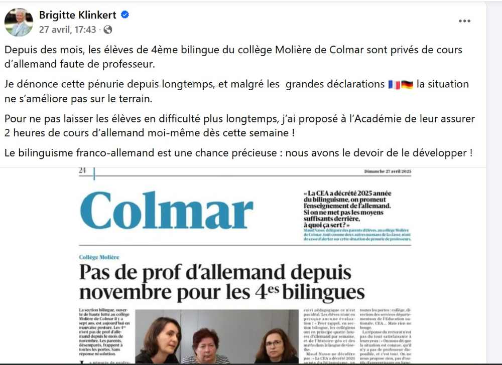Post Facebook de Brigitte Klinkert sur le manque de prof d'allemand