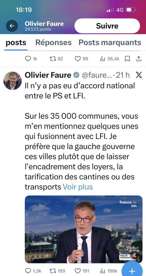 Tweet Olivier Faure sur les accords socialistes-LFI aux municipales