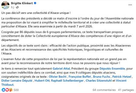 Post Facebook de Brigitte Klinkert le 24 février 2026 sur sa proposition de loi