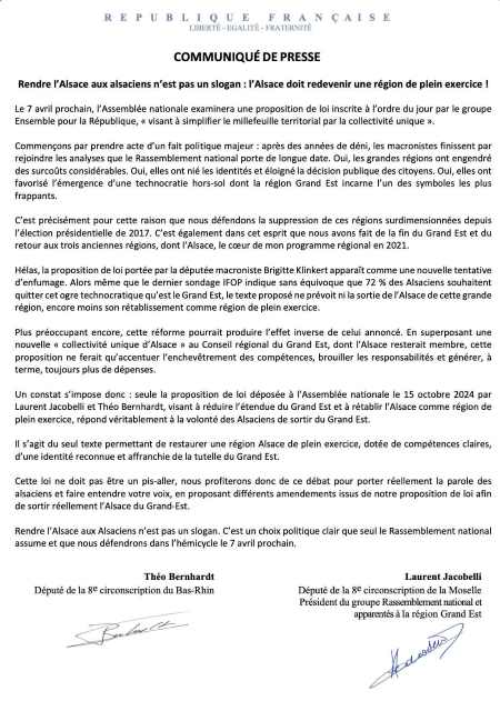 Communiqué du RN signé Laurent Jacobelli et Théo Bernhardt sur la proposition de loi de Brigitte Klinkert